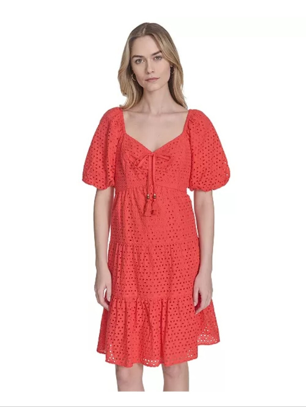 Vince Camuto Red Eyelet Dress Size 10 Puff Sleeve Tiered Boho Tassel Midi